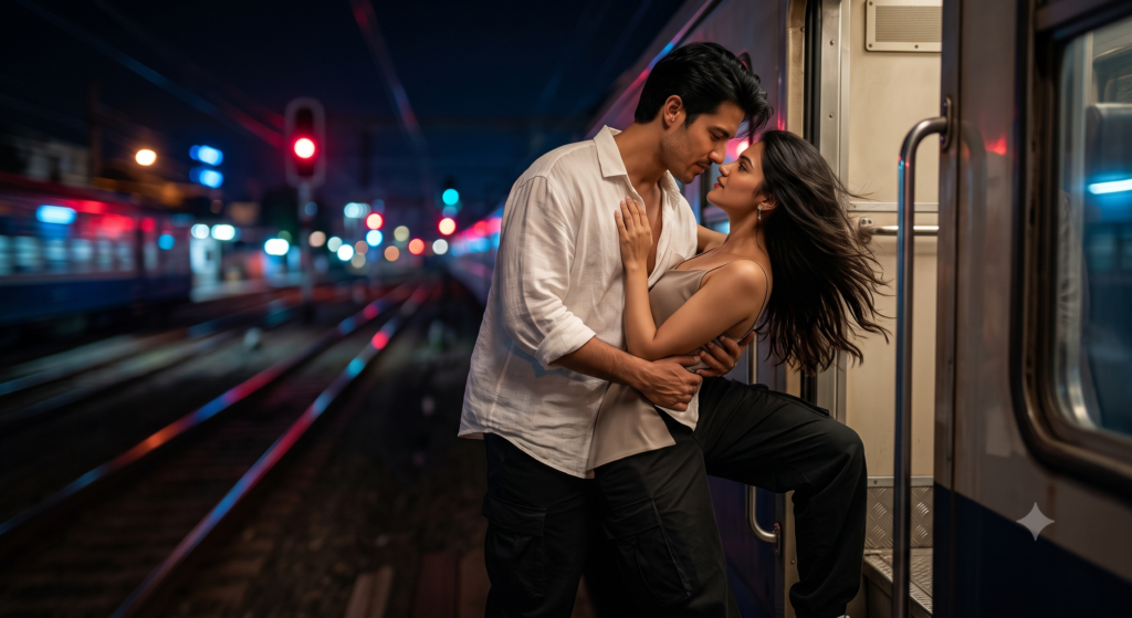 Romantic train door pose