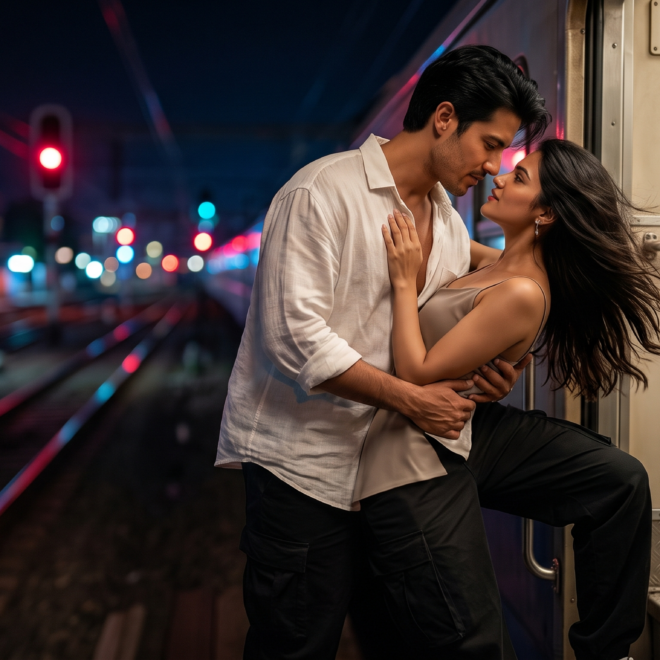 Romantic train door pose