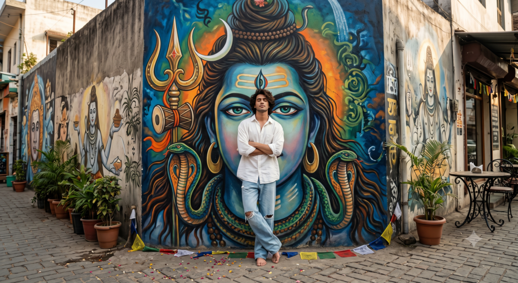 standing in front of a shiva mural