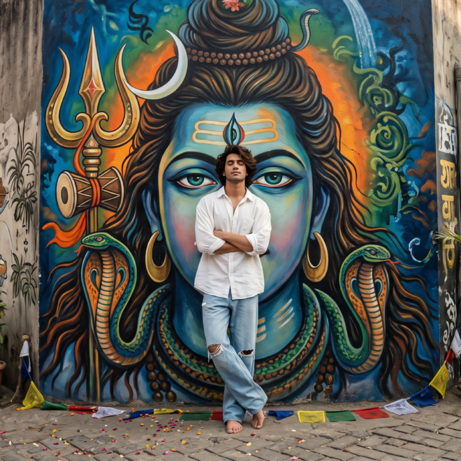 standing in front of a shiva mural