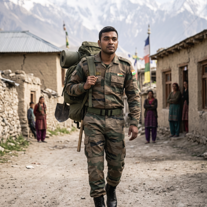 Army soldier walking back home