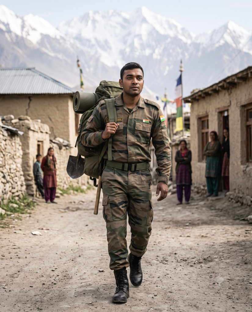 Army soldier walking back home