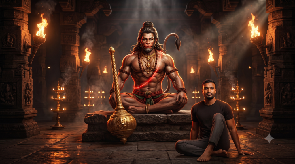 A devotee praying to Hanuman