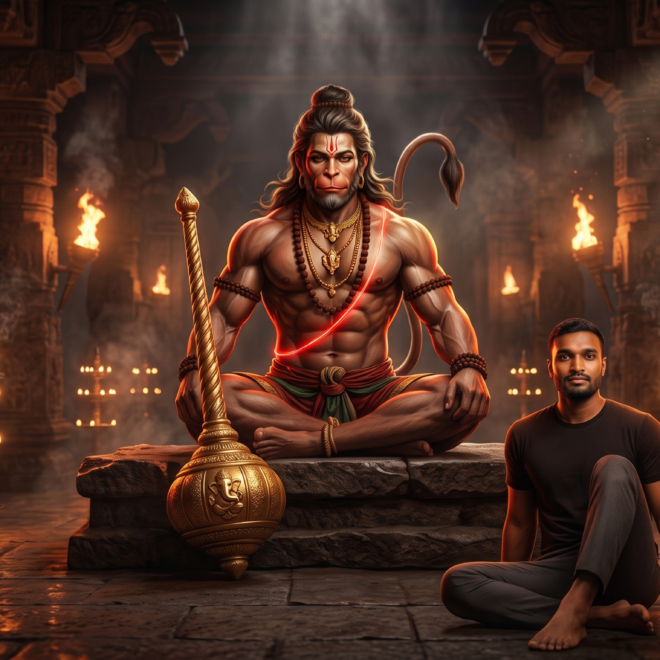 A devotee praying to Hanuman