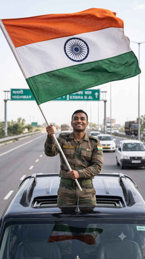 waving Indian flag on Scorpio